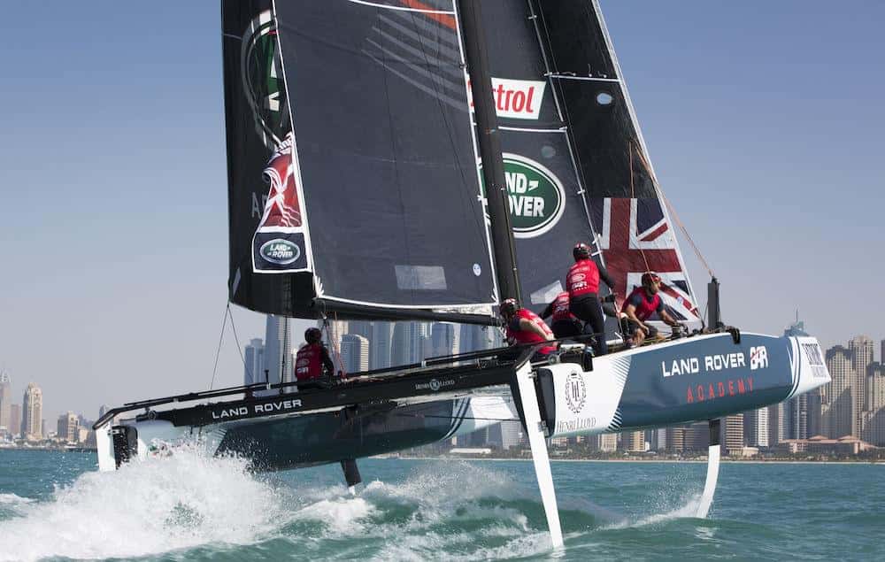 The 2016 Extreme Sailing Series launch. Dubai. UAE The fleet practise for the first time today Image licensed to Lloyd Images